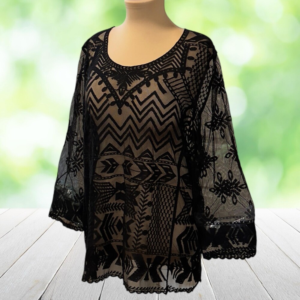 CHICOS Embroidered Mesh Tunic Top Black Sheer Geometric Evening Layer Size 2 (L)